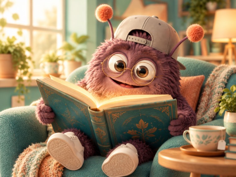 Bommel mit Brille liest ein großes Buch