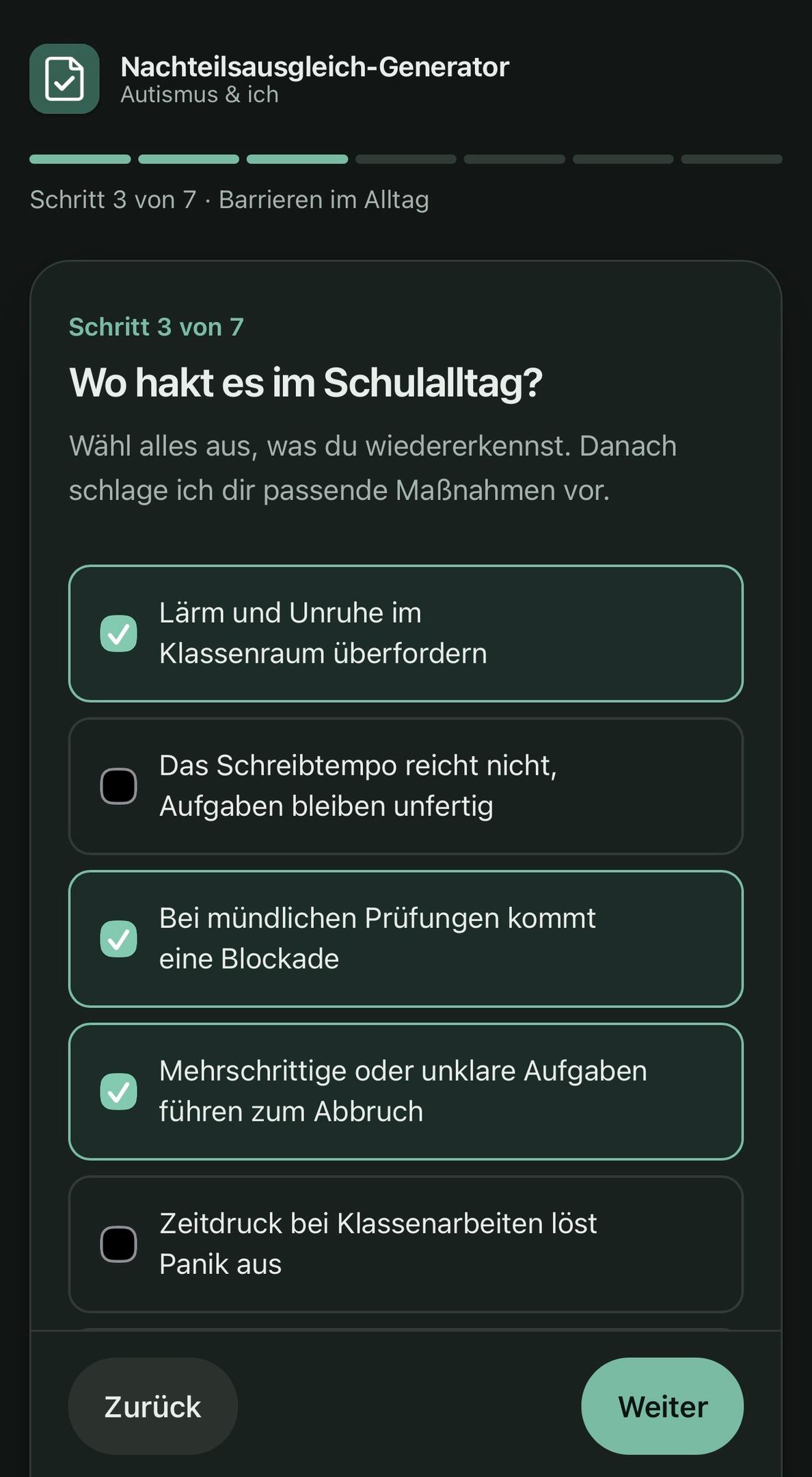 Fragebogen Schritt 3 von 7: Wo hakt es im Schulalltag
