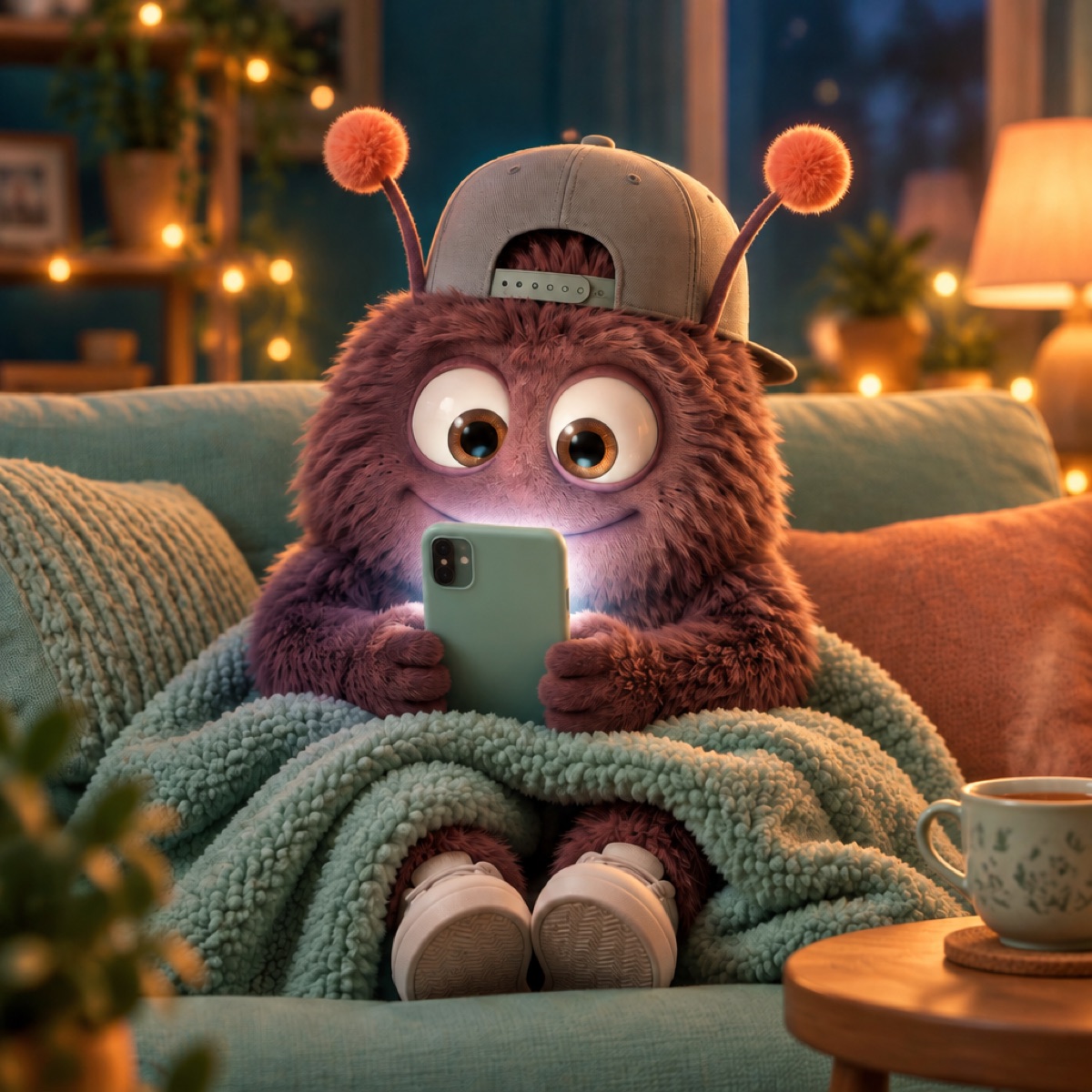 Bommel sitzt abends auf dem Sofa und liest eine hilfreiche Antwort von KindO auf dem Handy